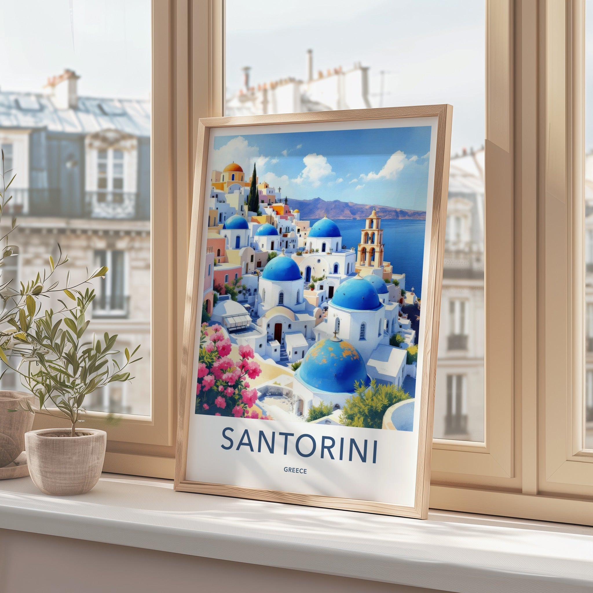 Santorini Poster - Greece Travel Art - Iconic Blue Domes Wall Decor