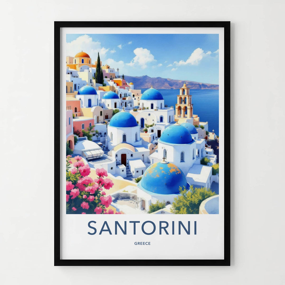 Santorini Poster - Greece Travel Art - Iconic Blue Domes Wall Decor