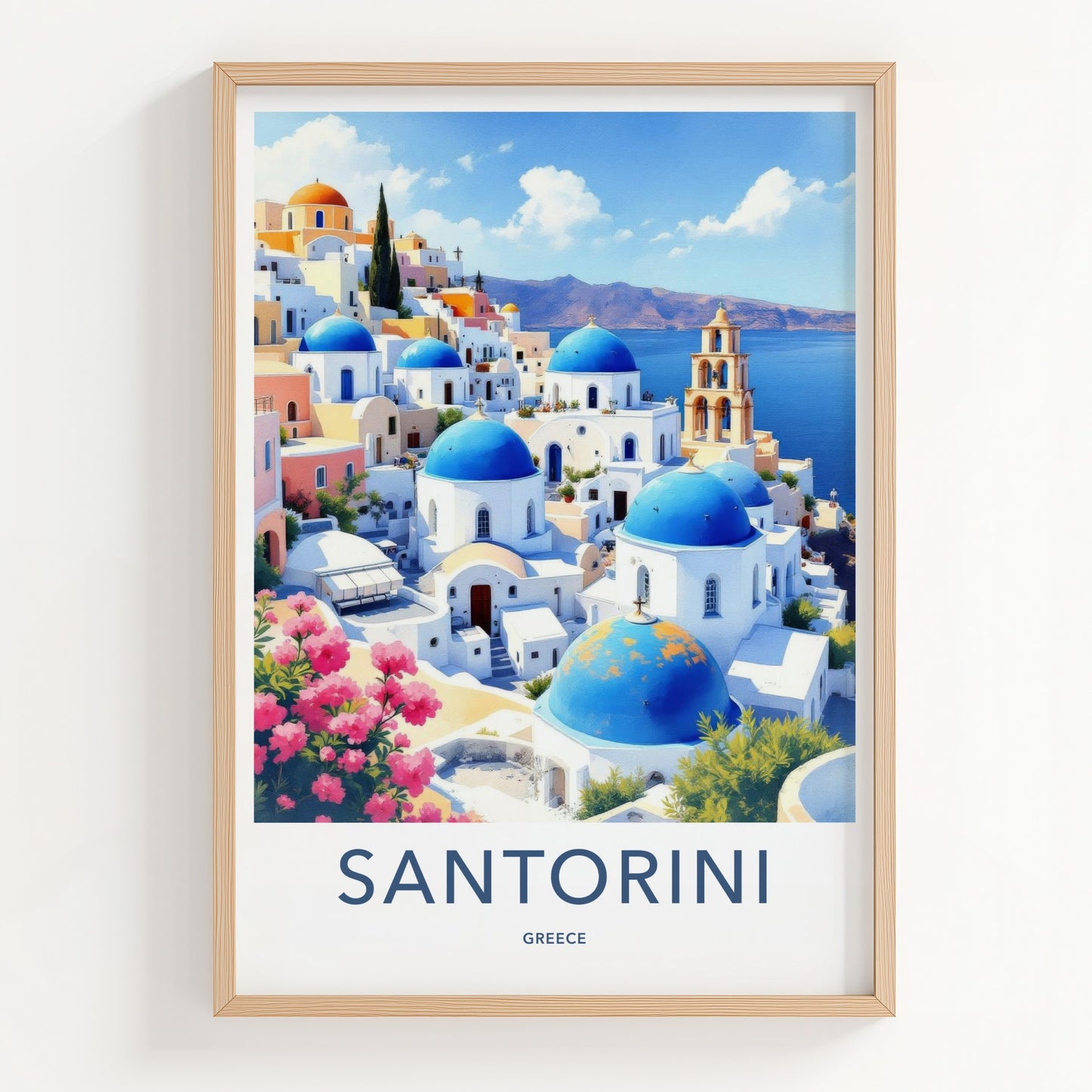 Santorini Poster - Greece Travel Art - Iconic Blue Domes Wall Decor