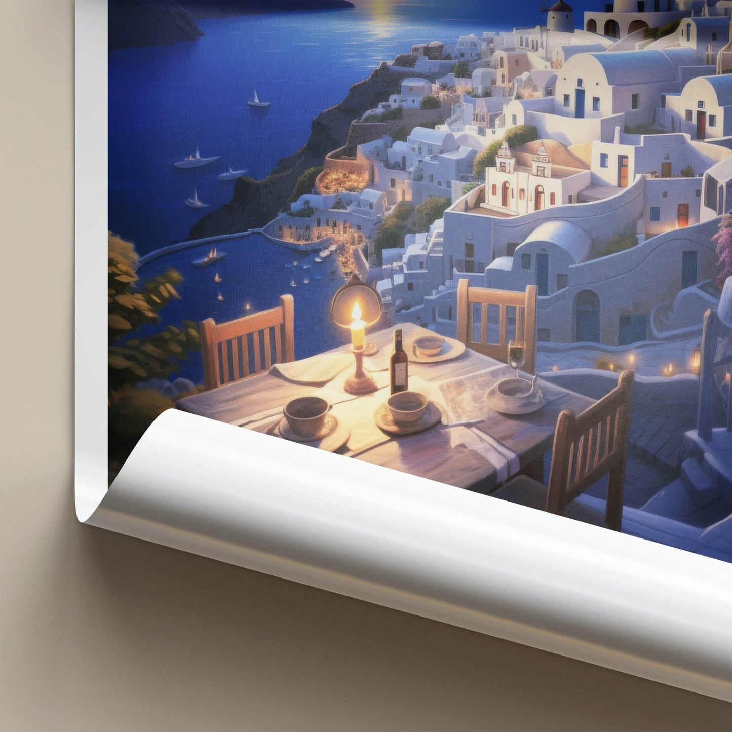 Santorini Poster - Greece Travel Art - Sunset Cliffside Dinner Home Decor