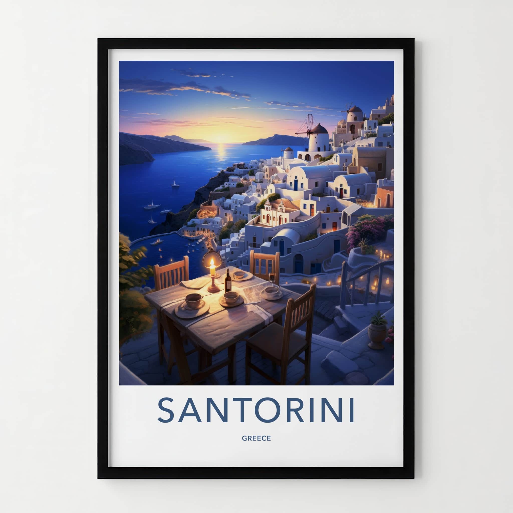 Santorini Poster - Greece Travel Art - Sunset Cliffside Dinner Home Decor