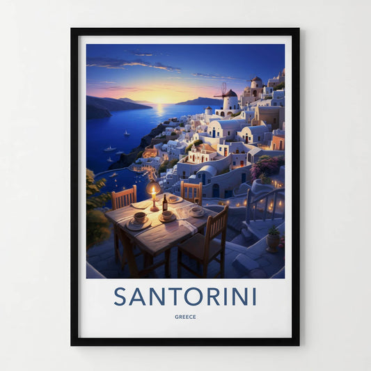 Santorini Poster - Greece Travel Art - Sunset Cliffside Dinner Home Decor