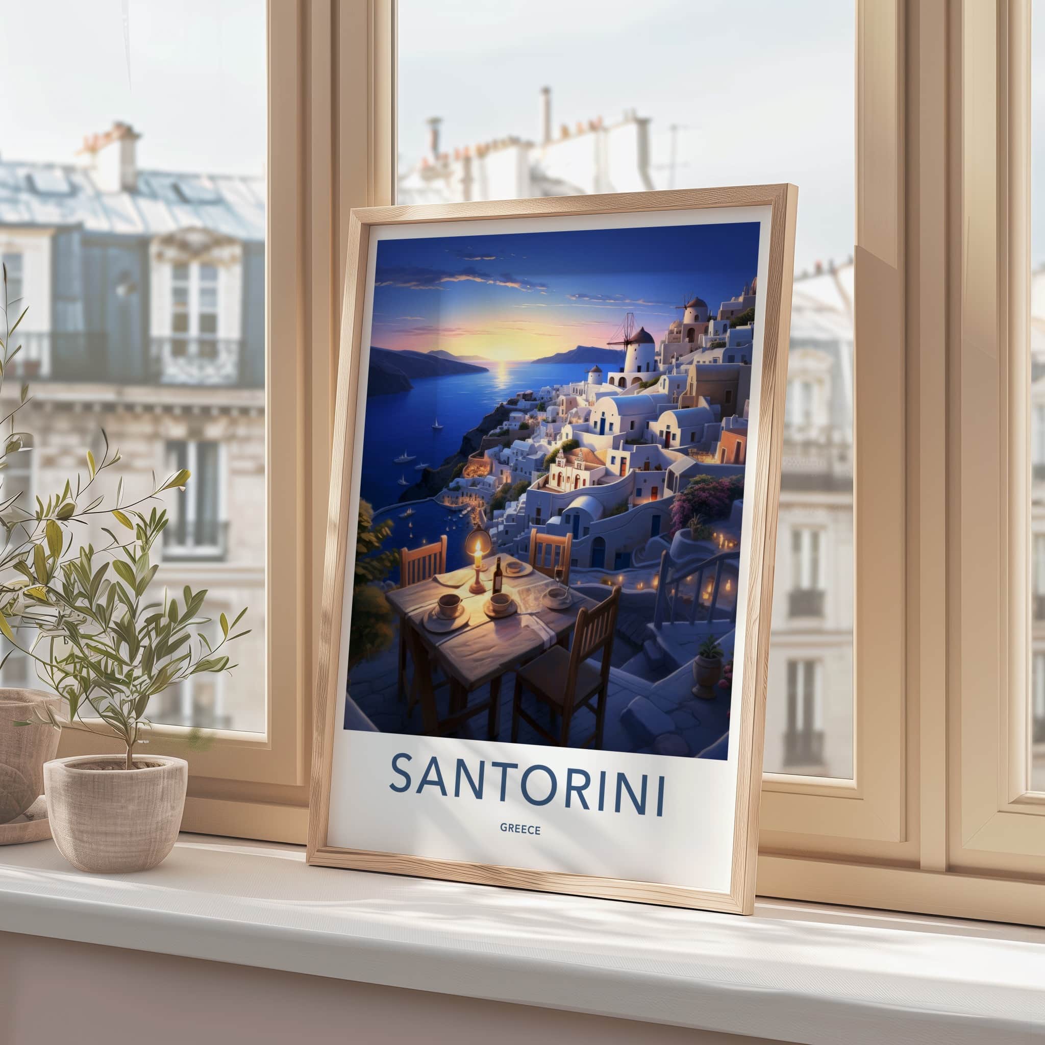 Santorini Poster - Greece Travel Art - Sunset Cliffside Dinner Home Decor