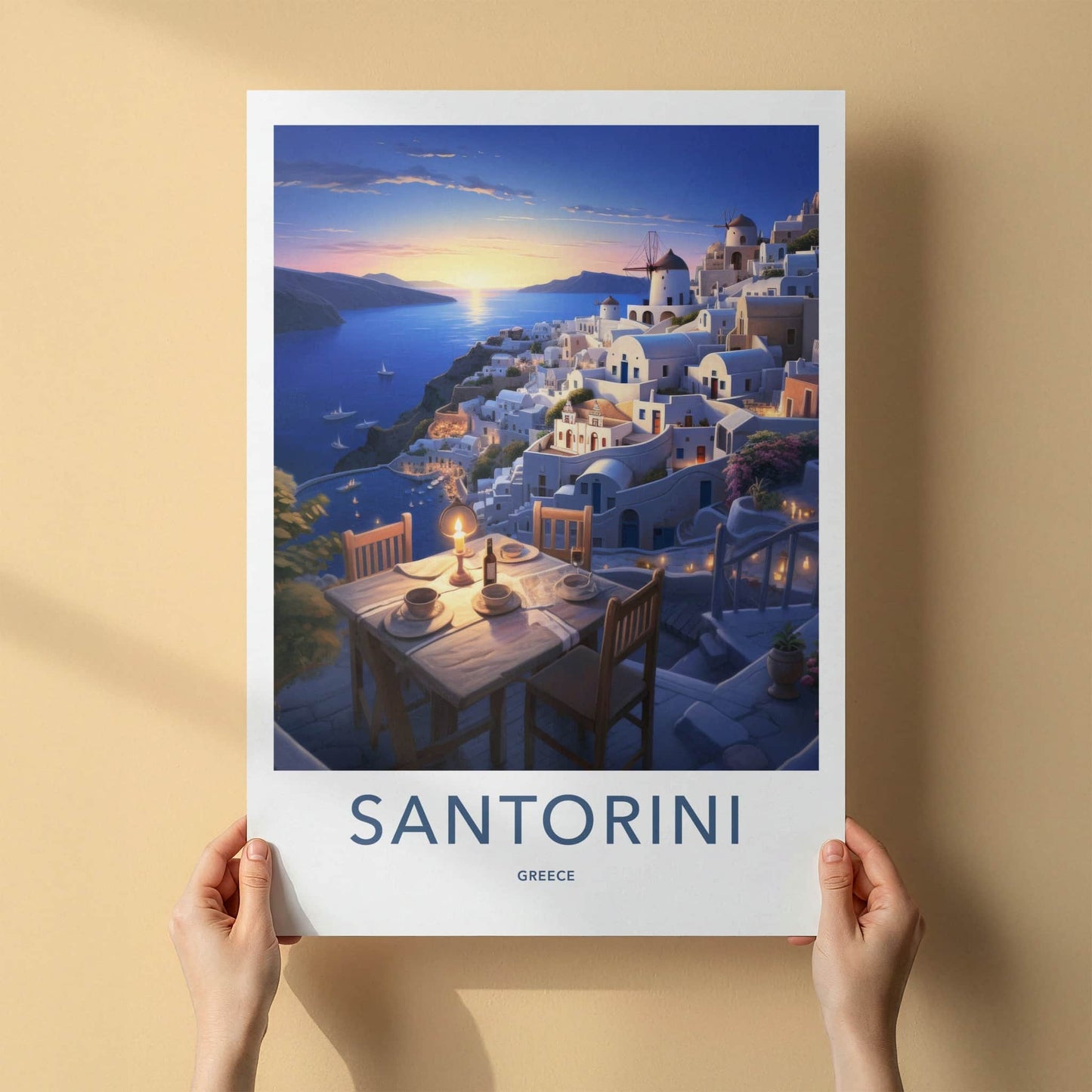 Santorini Poster - Greece Travel Art - Sunset Cliffside Dinner Home Decor