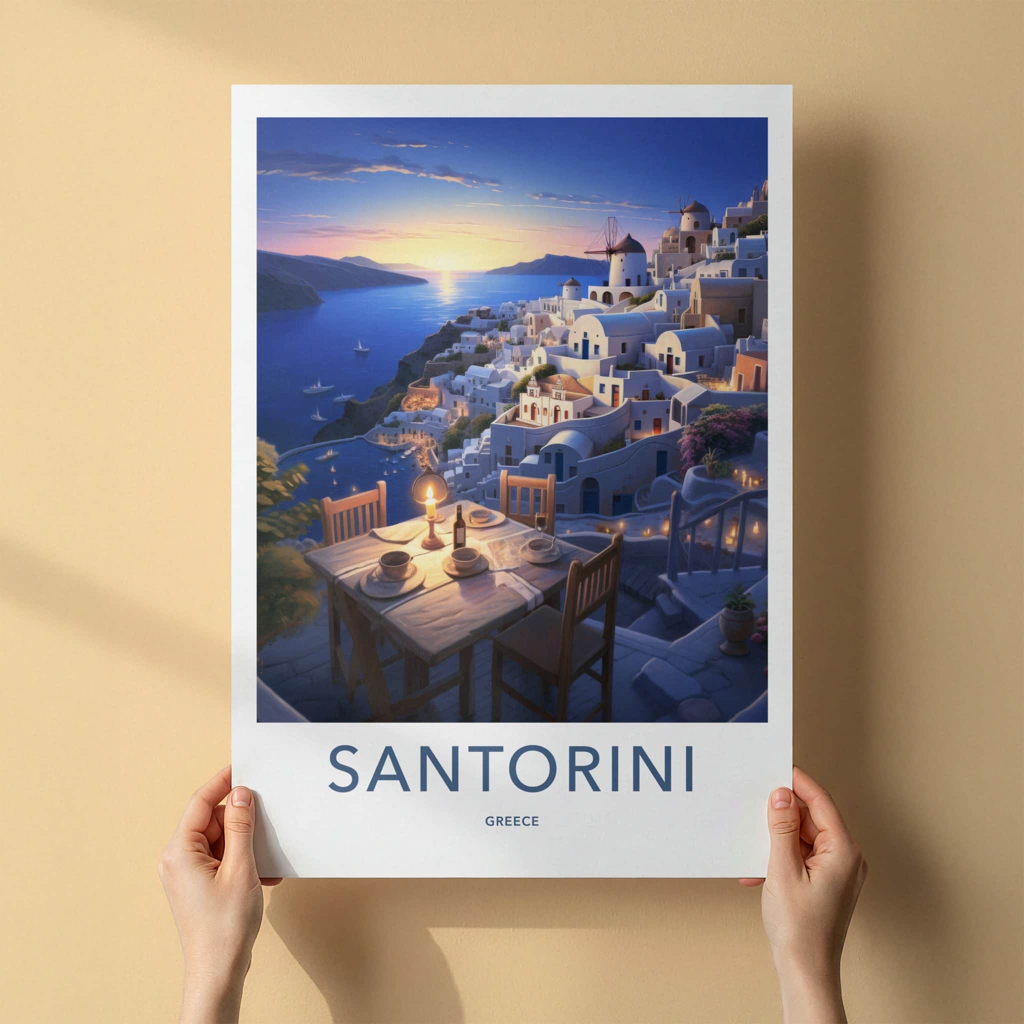 Santorini Poster - Greece Travel Art - Sunset Cliffside Dinner Home Decor