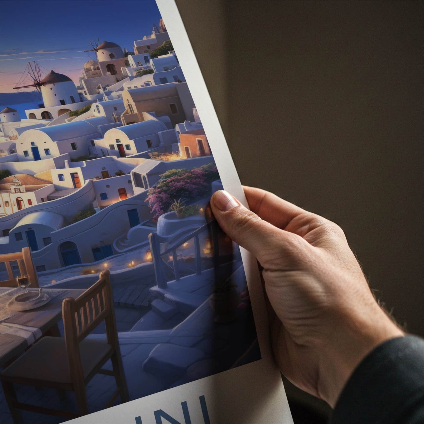 Santorini Poster - Greece Travel Art - Sunset Cliffside Dinner Home Decor