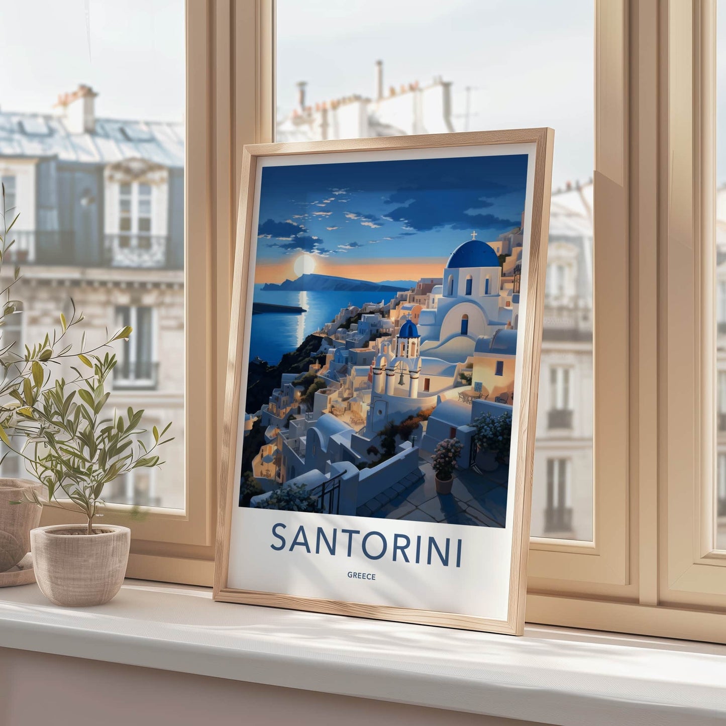 Santorini Poster - Greece Travel Art - Sunset Coastal Village Wall Decor