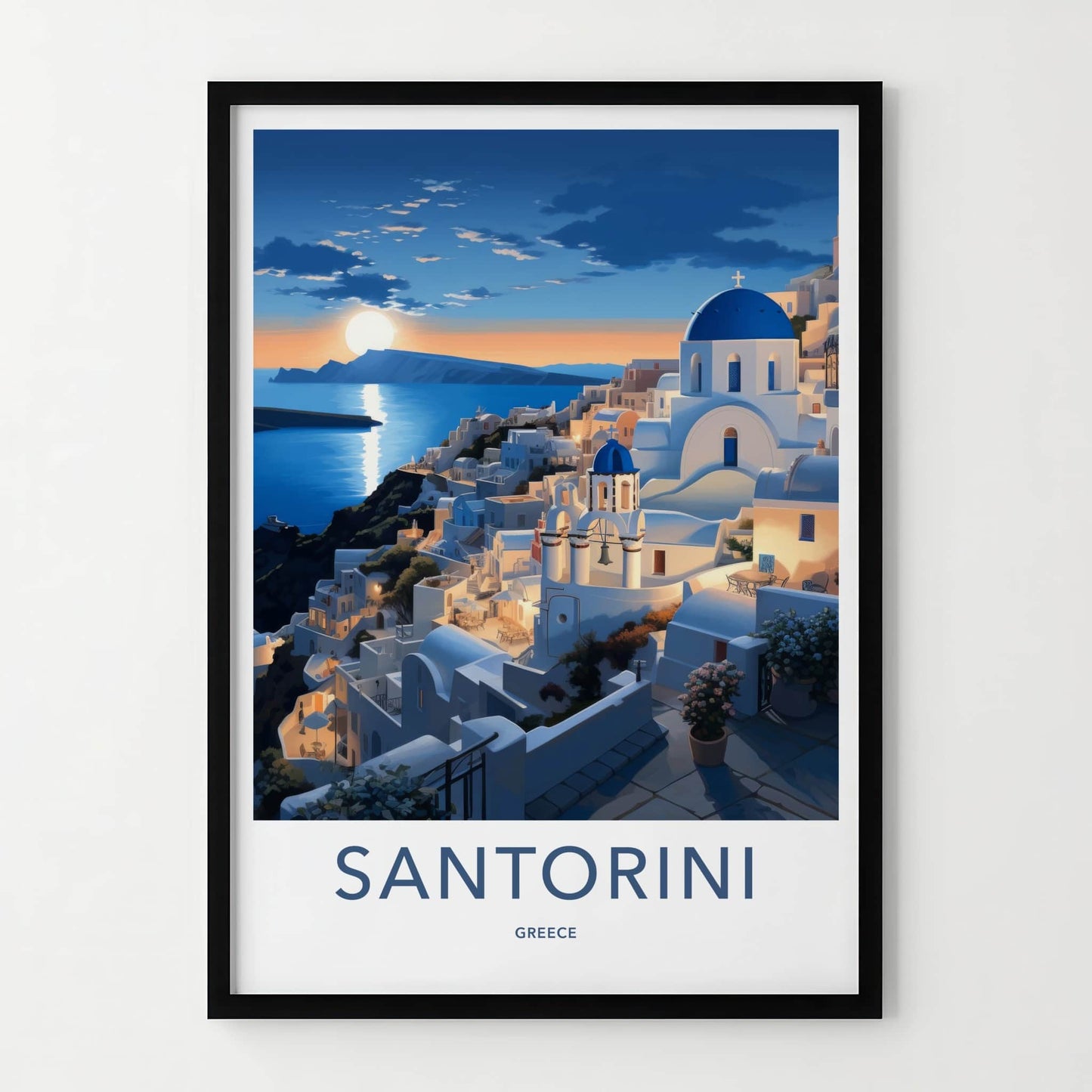 Santorini Poster - Greece Travel Art - Sunset Coastal Village Wall Decor