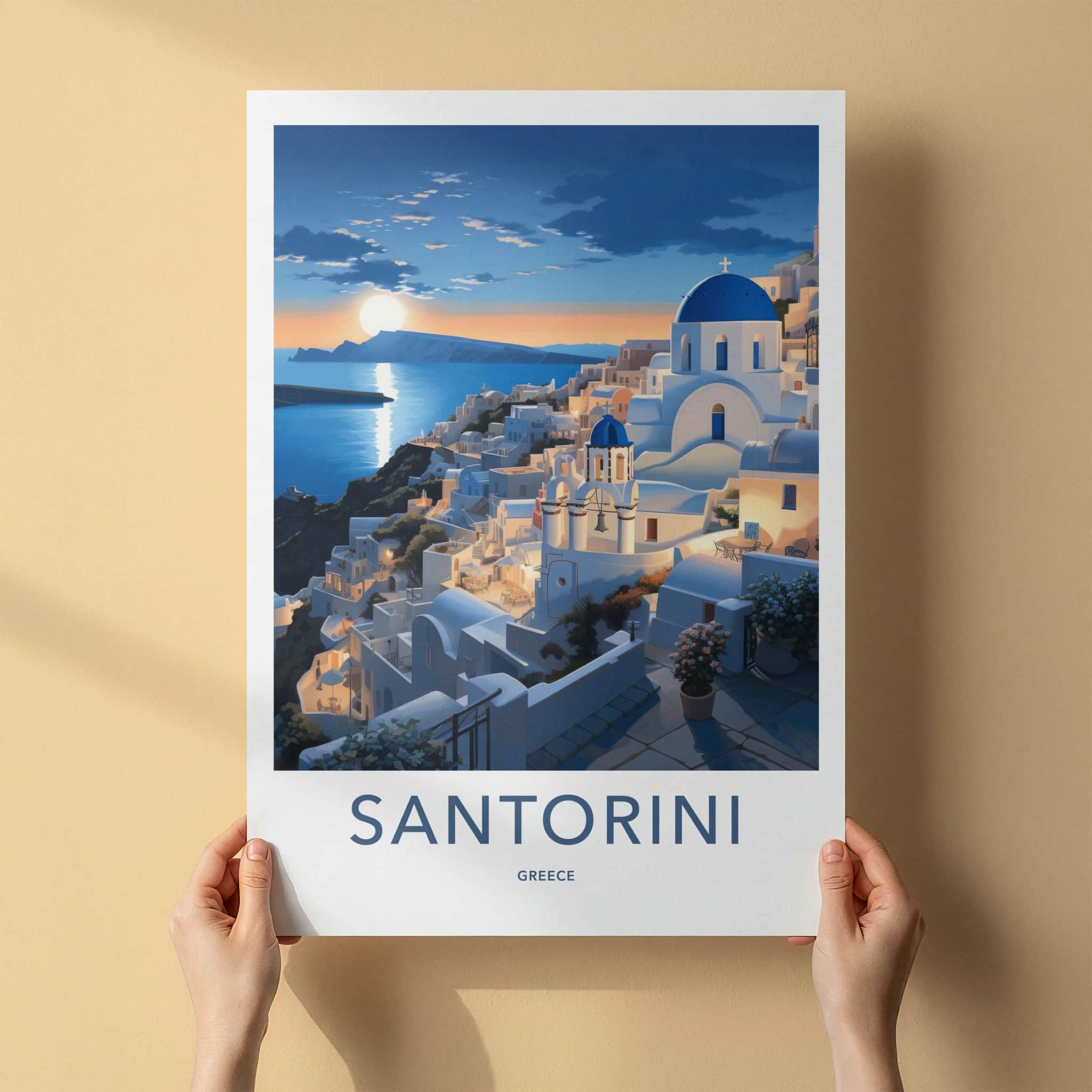 Santorini Poster - Greece Travel Art - Sunset Coastal Village Wall Decor