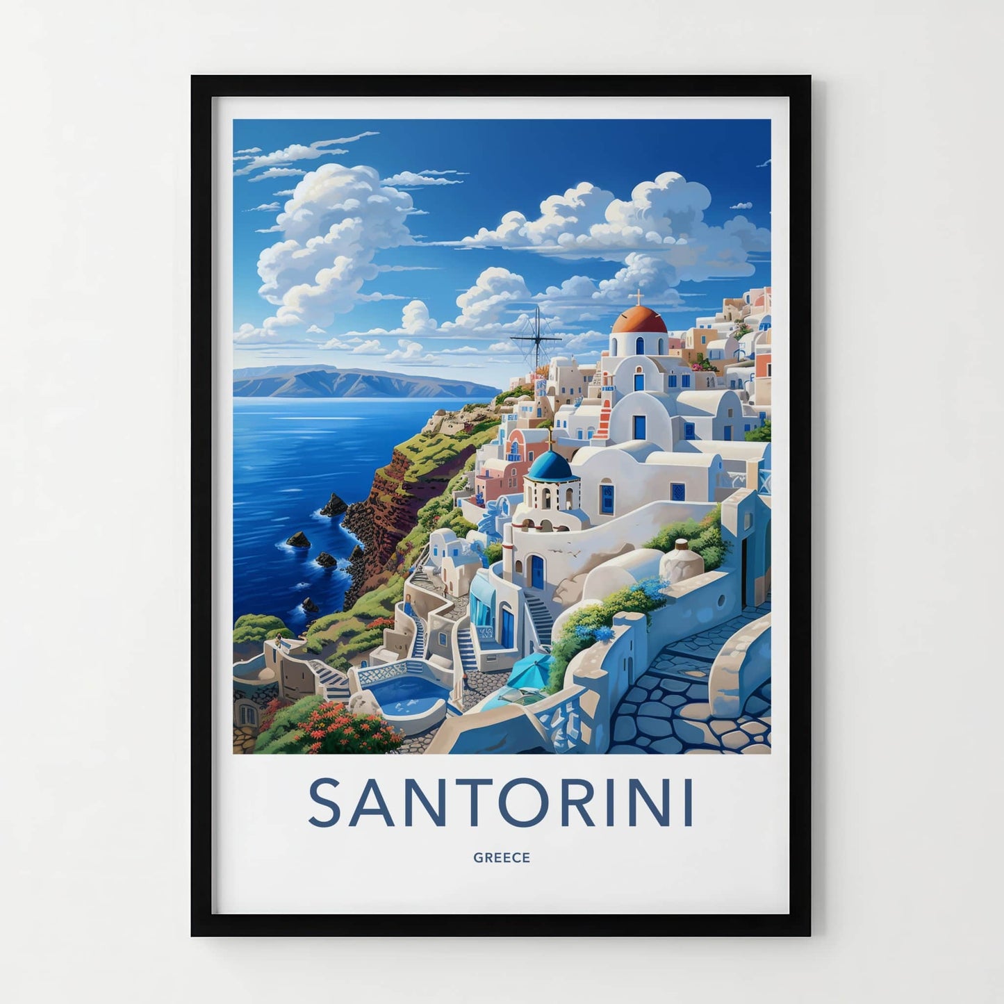 Santorini Poster - Greece Travel Art - Whitewashed Cliffside Village Gift