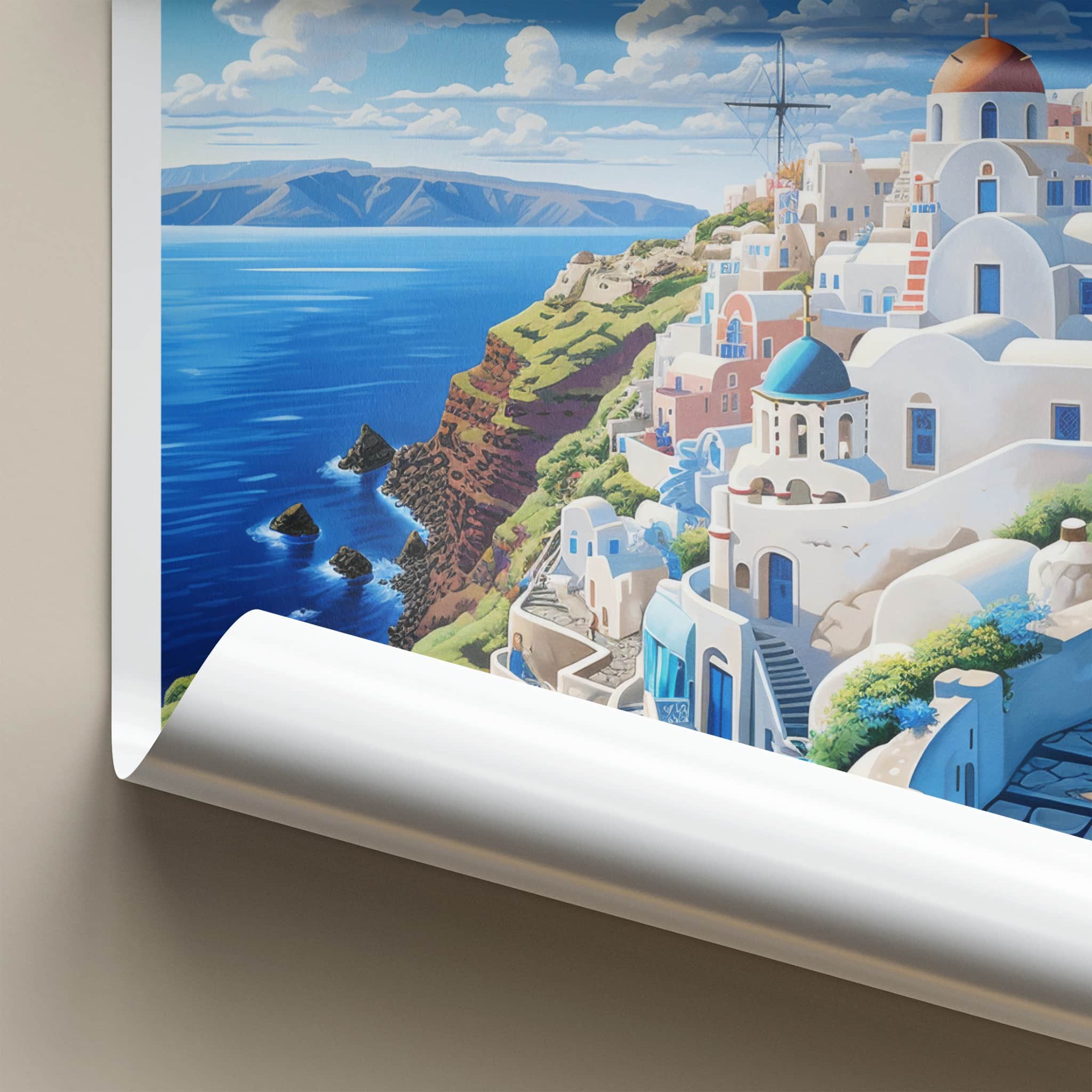 Santorini Poster - Greece Travel Art - Whitewashed Cliffside Village Gift