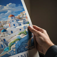 Santorini Poster - Greece Travel Art - Whitewashed Cliffside Village Gift