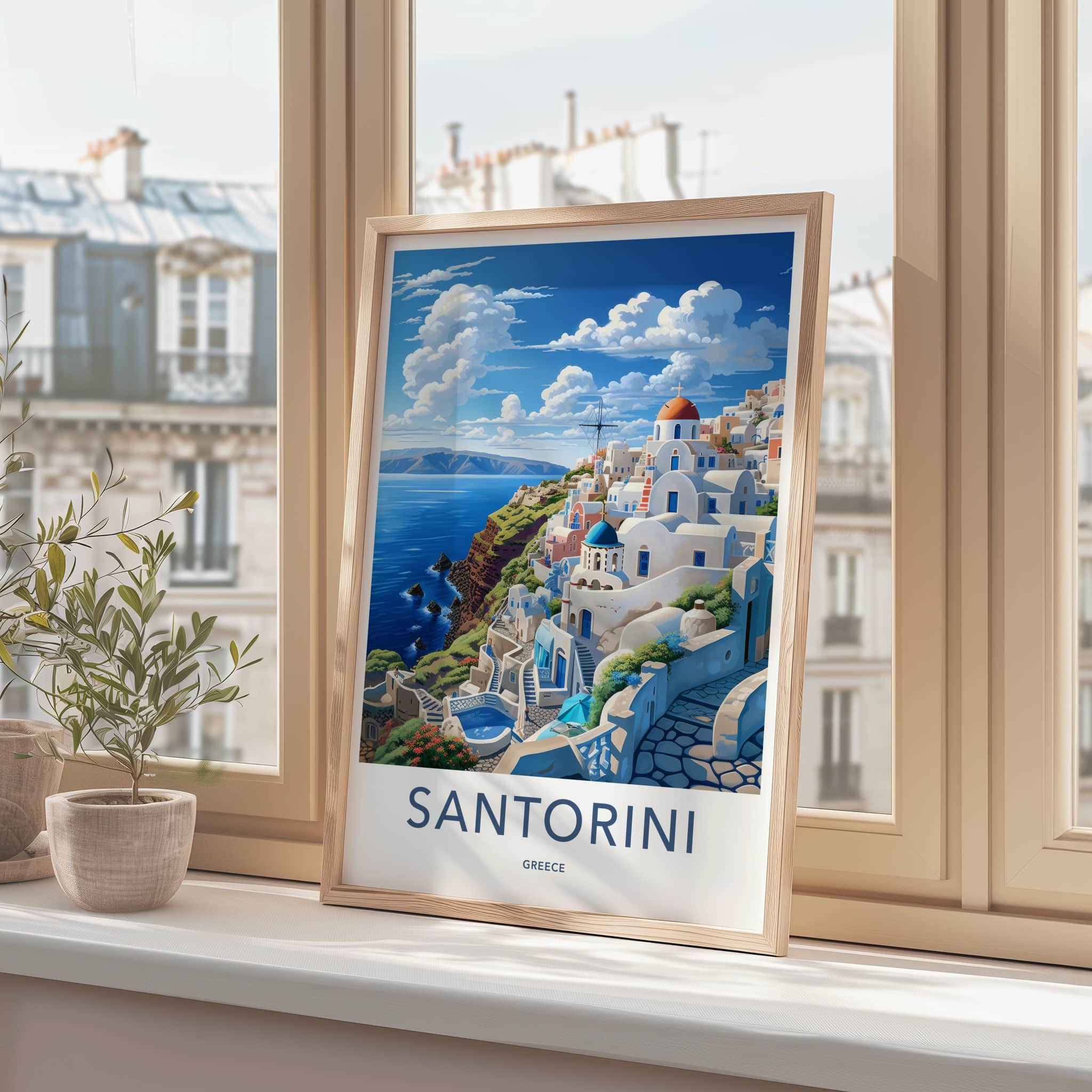 Santorini Poster - Greece Travel Art - Whitewashed Cliffside Village Gift