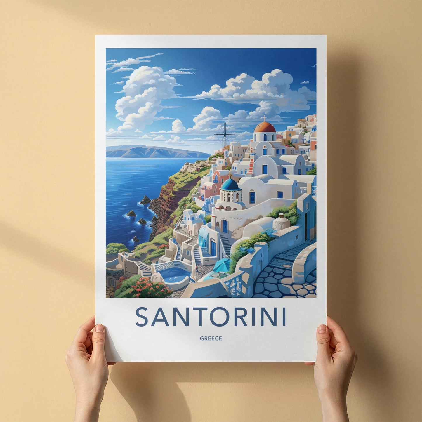 Santorini Poster - Greece Travel Art - Whitewashed Cliffside Village Gift