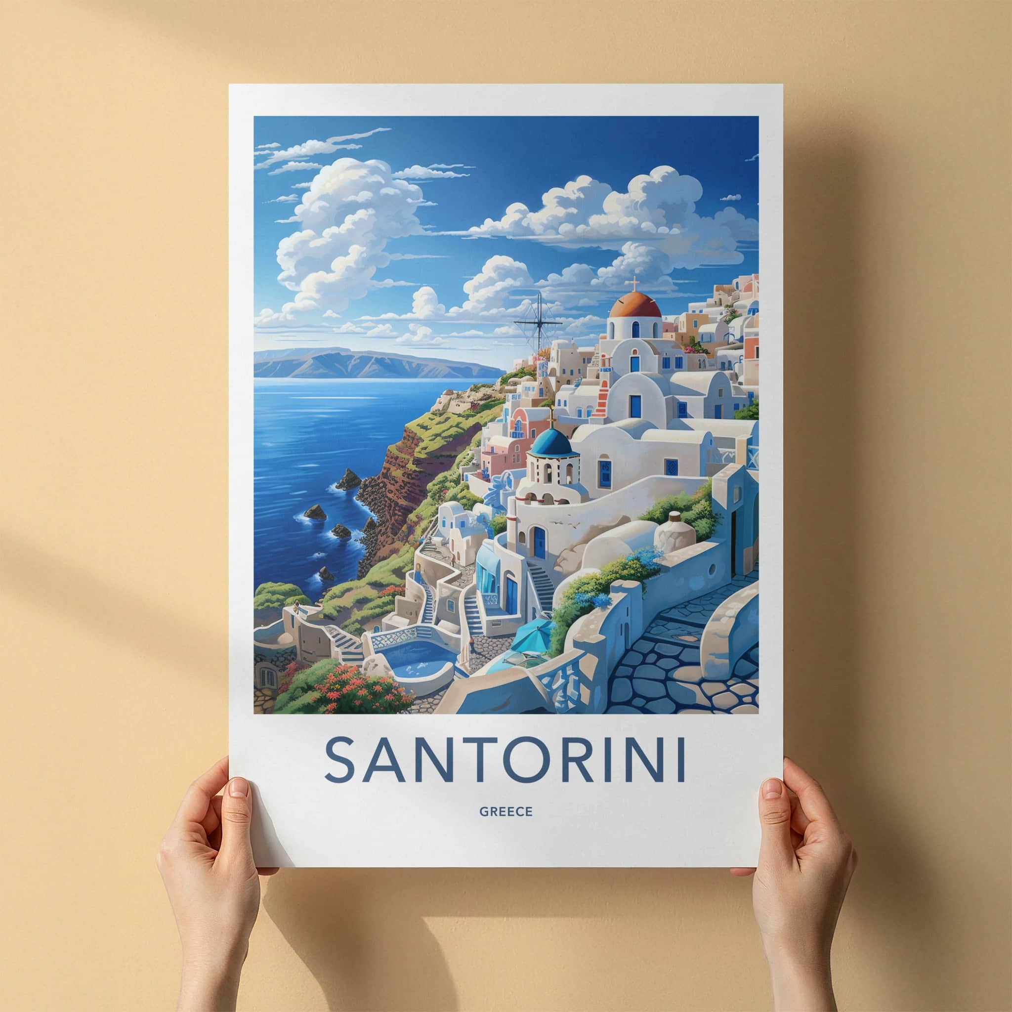 Santorini Poster - Greece Travel Art - Whitewashed Cliffside Village Gift