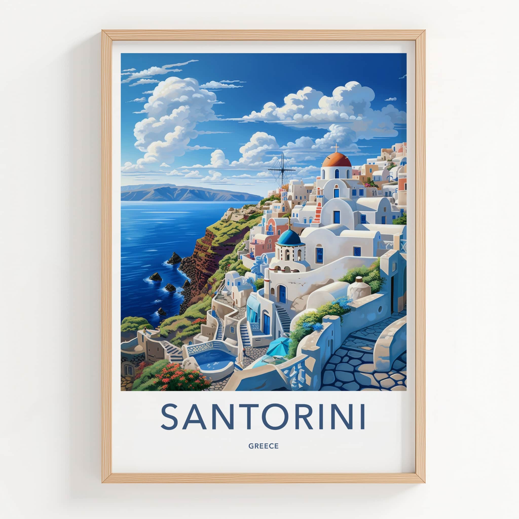 Santorini Poster - Greece Travel Art - Whitewashed Cliffside Village Gift