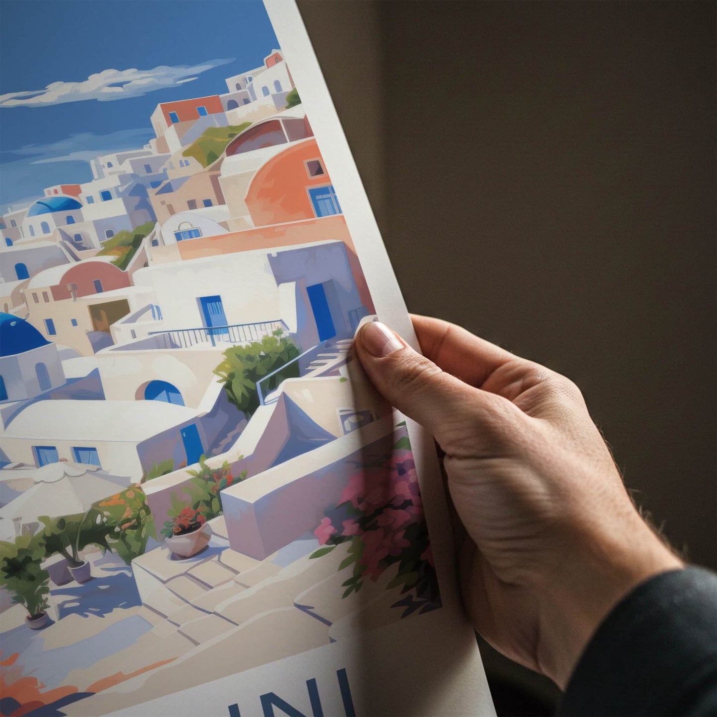 Santorini Poster - Greece Travel Art - Whitewashed Cliffside Village Home Decor