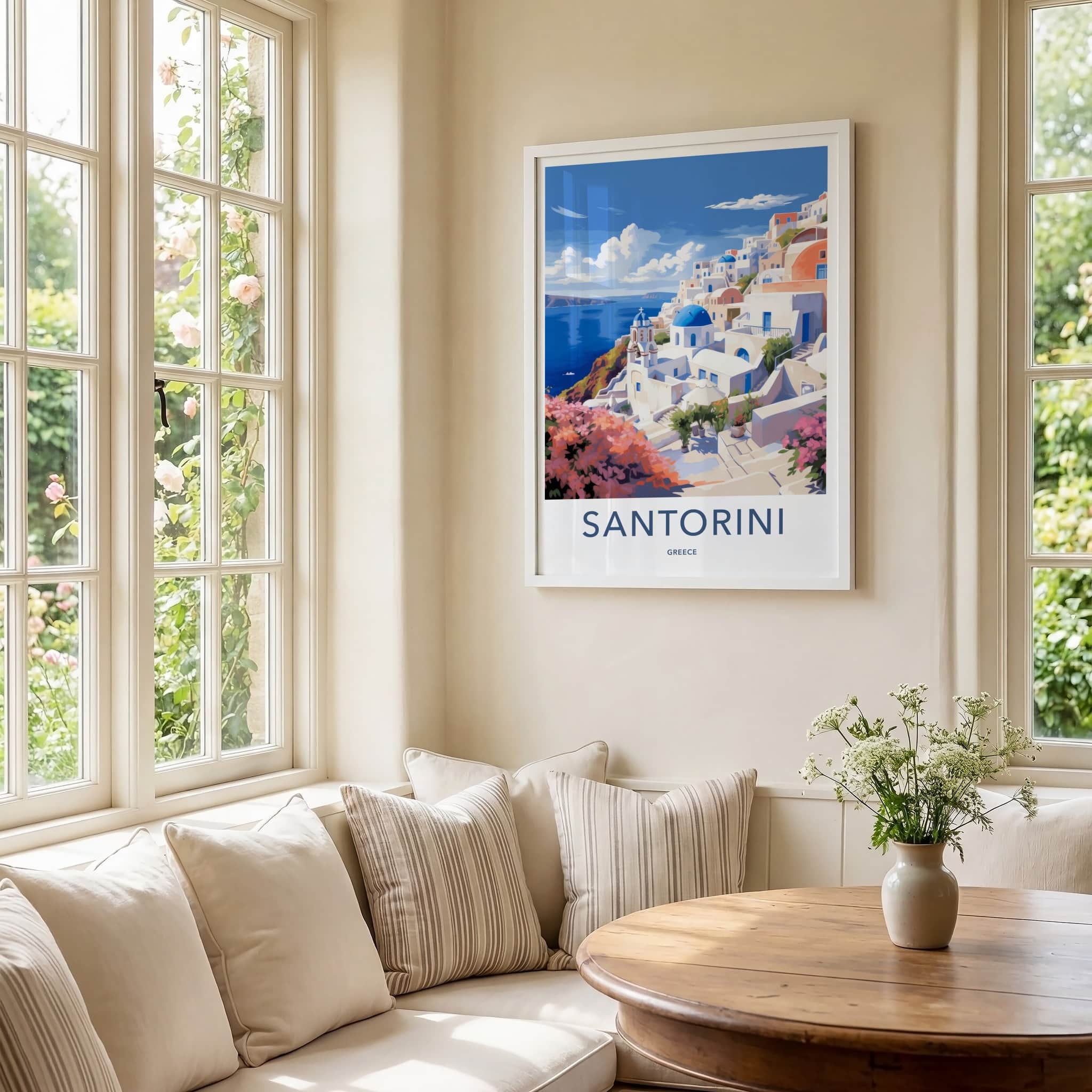 Santorini Poster - Greece Travel Art - Whitewashed Cliffside Village Home Decor