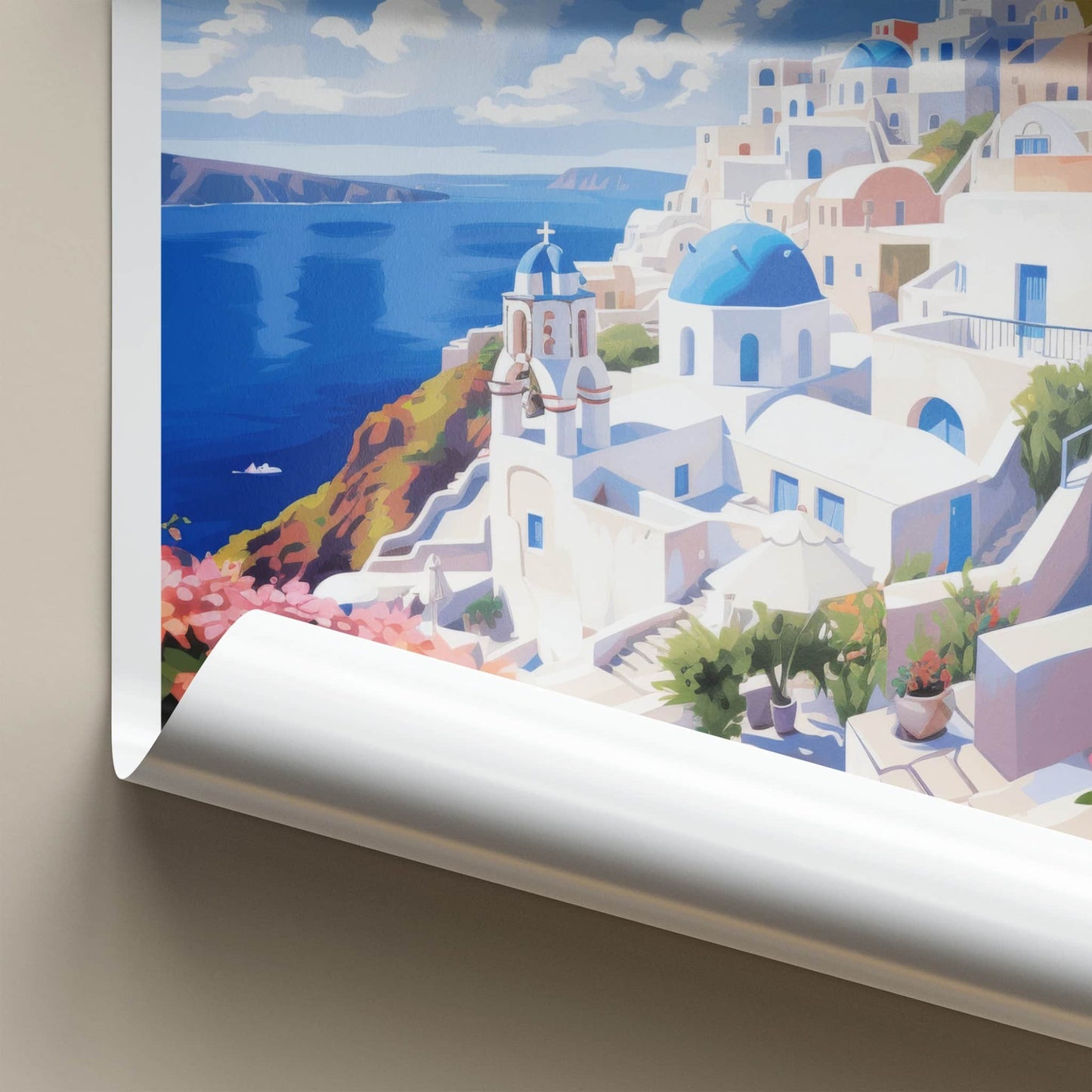 Santorini Poster - Greece Travel Art - Whitewashed Cliffside Village Home Decor