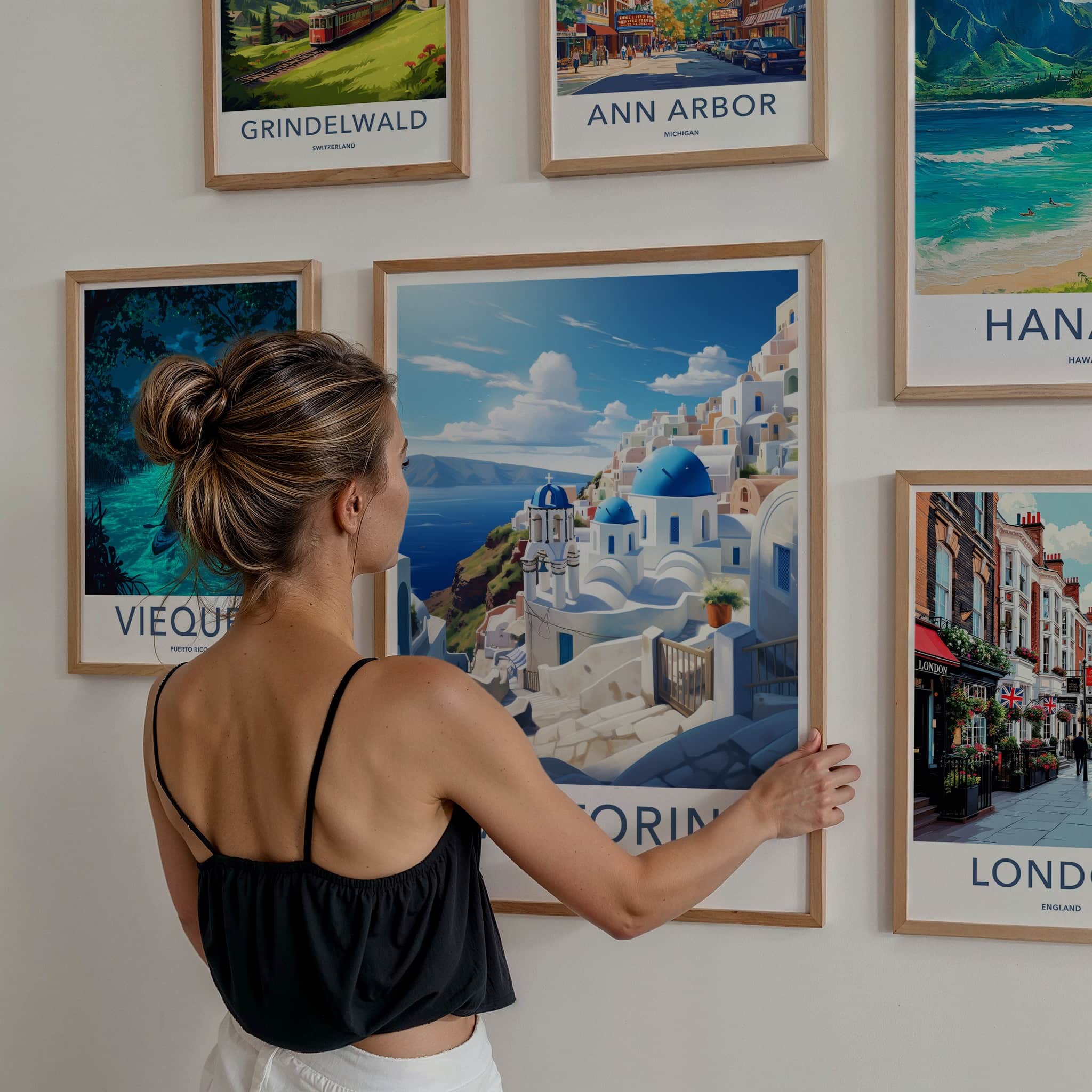 Santorini Poster - Greece Travel Art - Whitewashed Hillside Village Home Decor