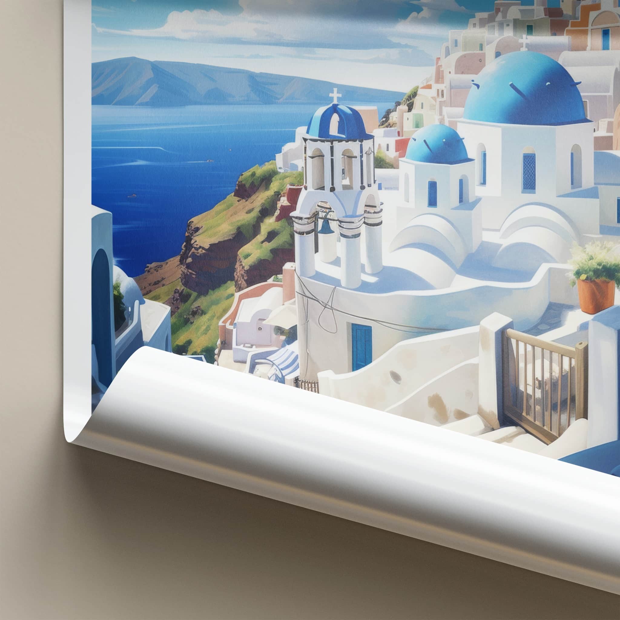 Santorini Poster - Greece Travel Art - Whitewashed Hillside Village Home Decor