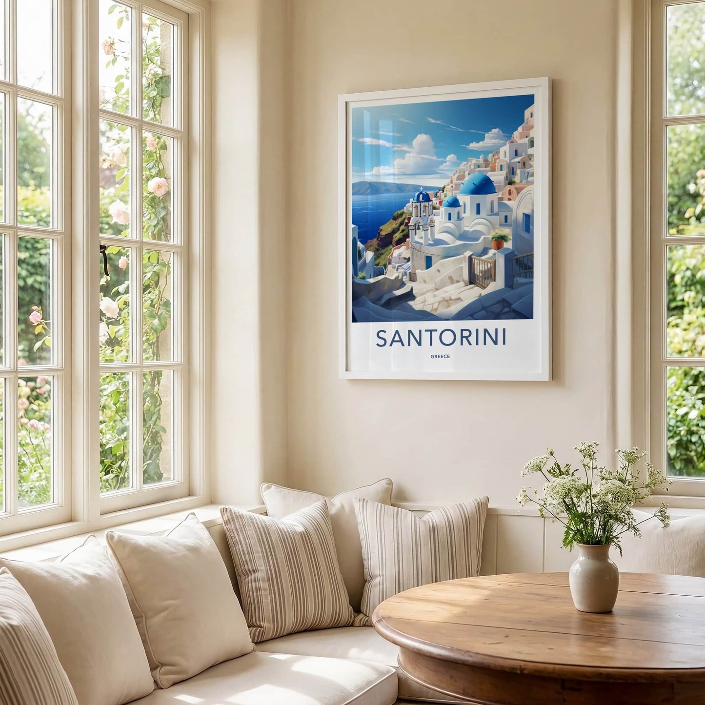 Santorini Poster - Greece Travel Art - Whitewashed Hillside Village Home Decor