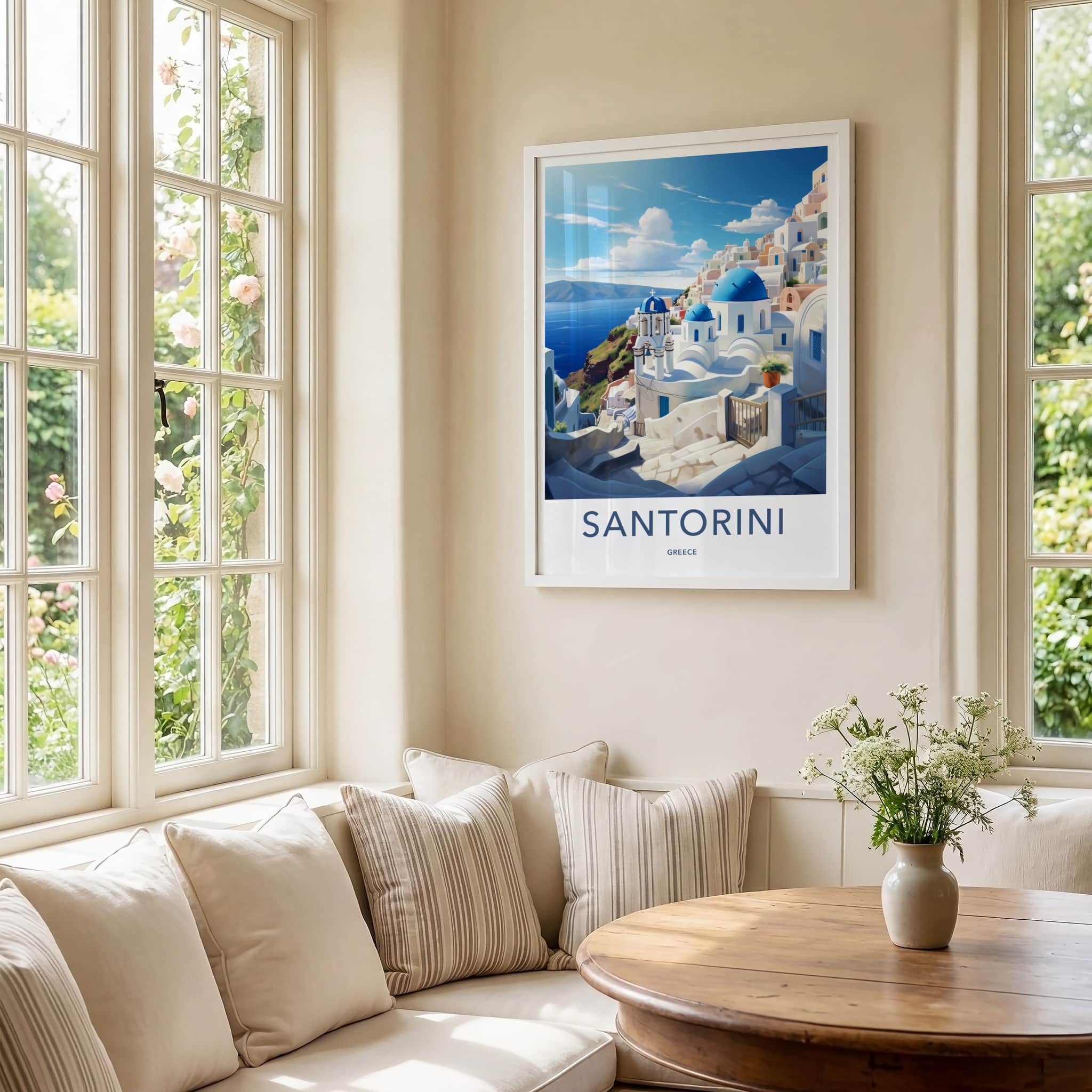 Santorini Poster - Greece Travel Art - Whitewashed Hillside Village Home Decor