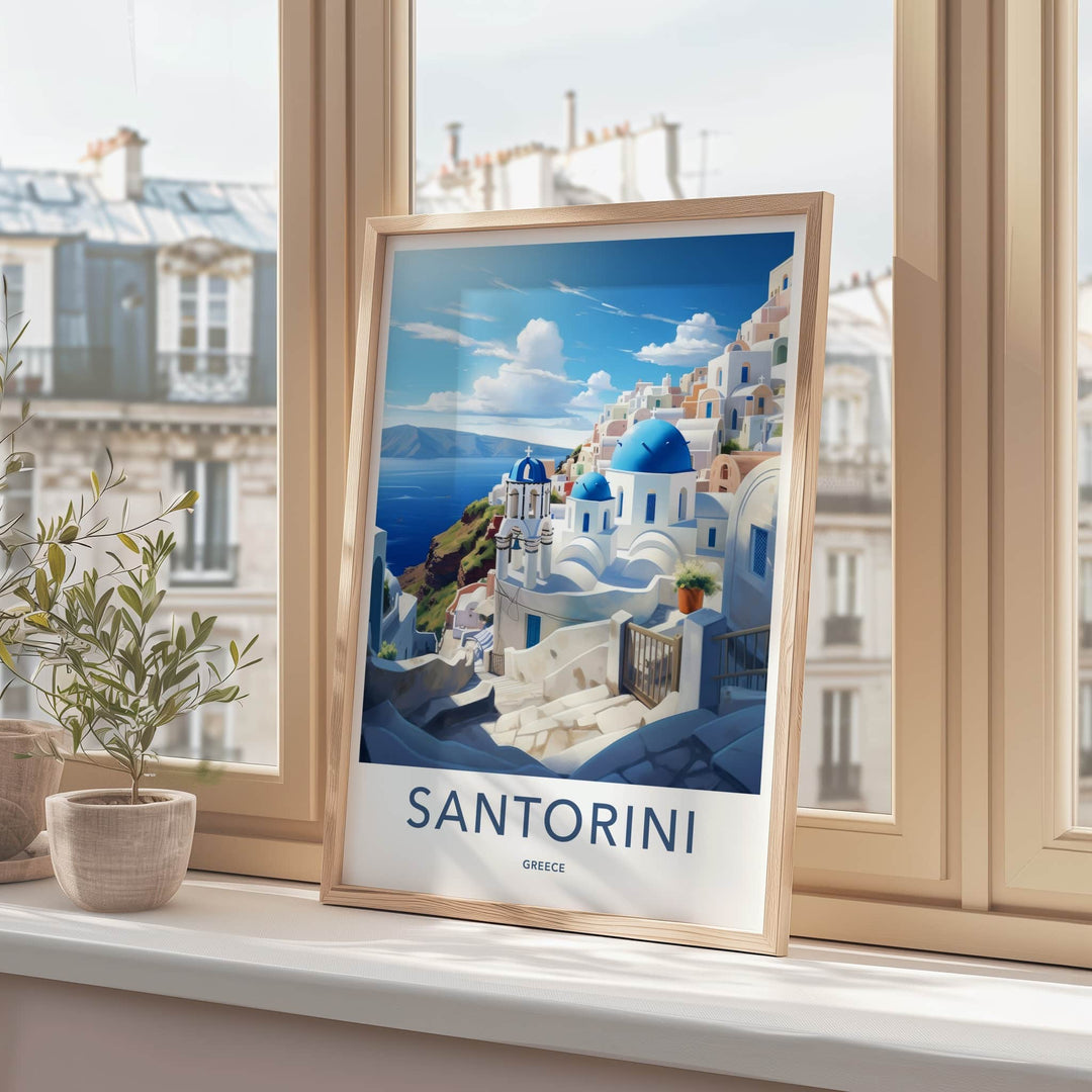 Santorini Poster - Greece Travel Art - Whitewashed Hillside Village Home Decor