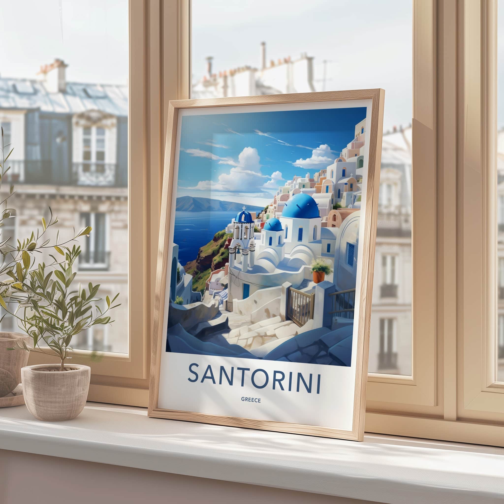 Santorini Poster - Greece Travel Art - Whitewashed Hillside Village Home Decor