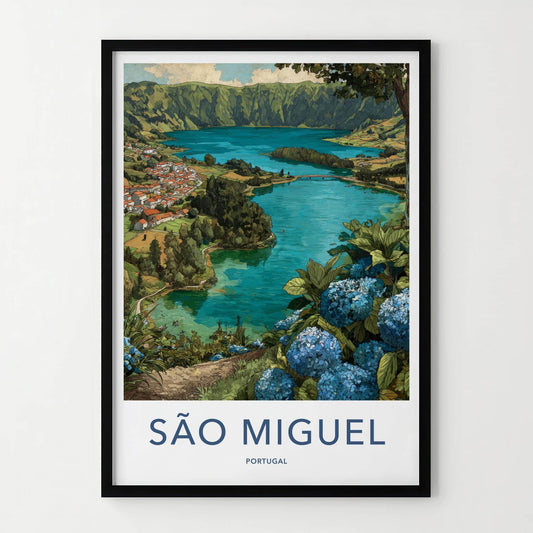 Sao Miguel Poster - Portugal Travel Art - Hydrangea Lakeside Village Home Decor