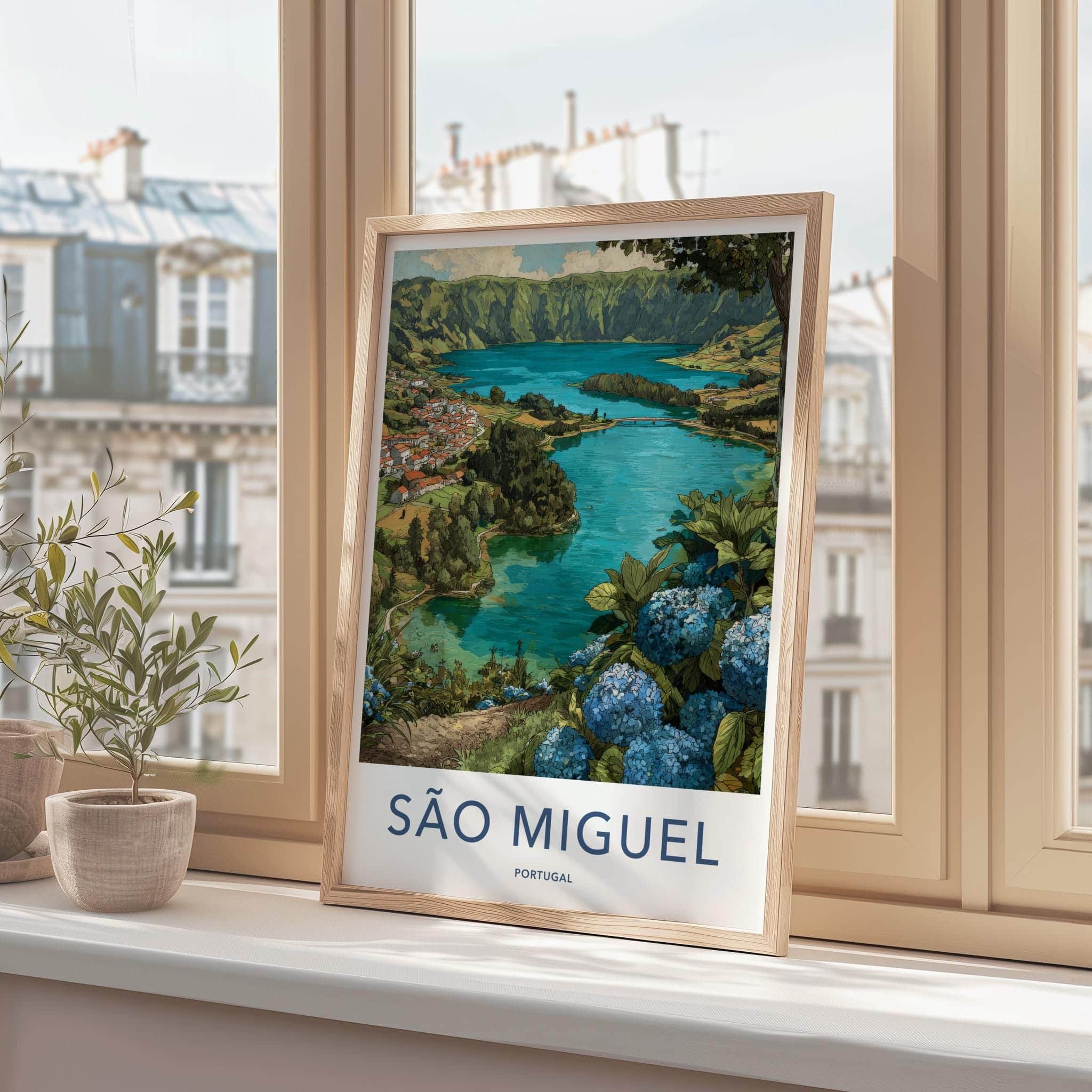 Sao Miguel Poster - Portugal Travel Art - Hydrangea Lakeside Village Home Decor