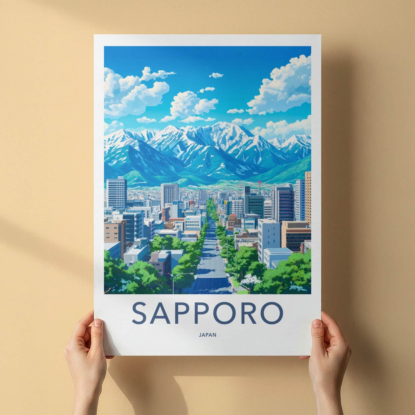Sapporo Poster - Japan Travel Art - Snowy Mountain Cityscape Home Decor
