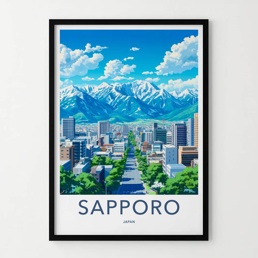 Sapporo Poster - Japan Travel Art - Snowy Mountain Cityscape Home Decor