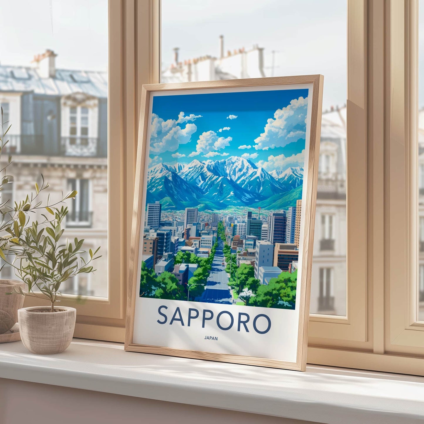 Sapporo Poster - Japan Travel Art - Snowy Mountain Cityscape Home Decor