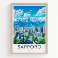 Sapporo Poster - Japan Travel Art - Snowy Mountain Cityscape Home Decor