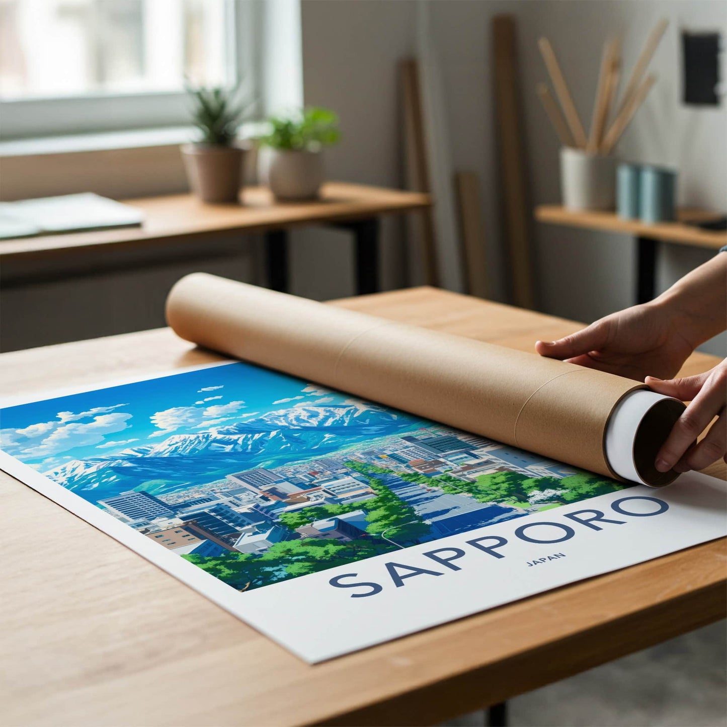 Sapporo Poster - Japan Travel Art - Snowy Mountain Cityscape Home Decor