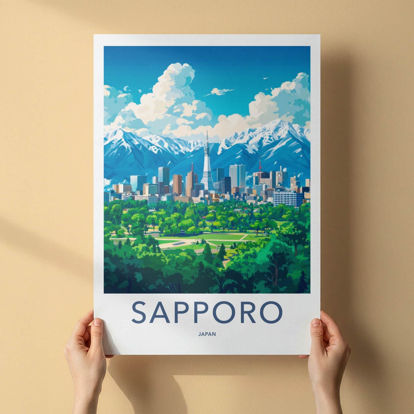 Sapporo Poster - Japan Travel Art - Tower City Mountains Home Decor