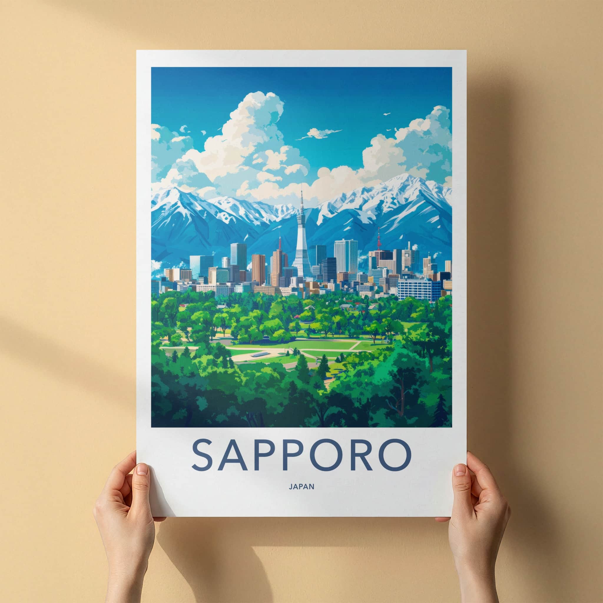 Sapporo Poster - Japan Travel Art - Tower City Mountains Home Decor