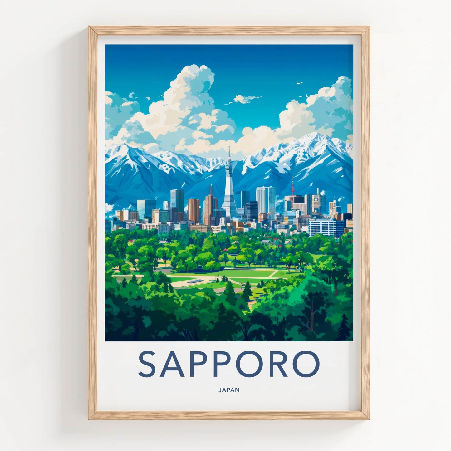 Sapporo Poster - Japan Travel Art - Tower City Mountains Home Decor