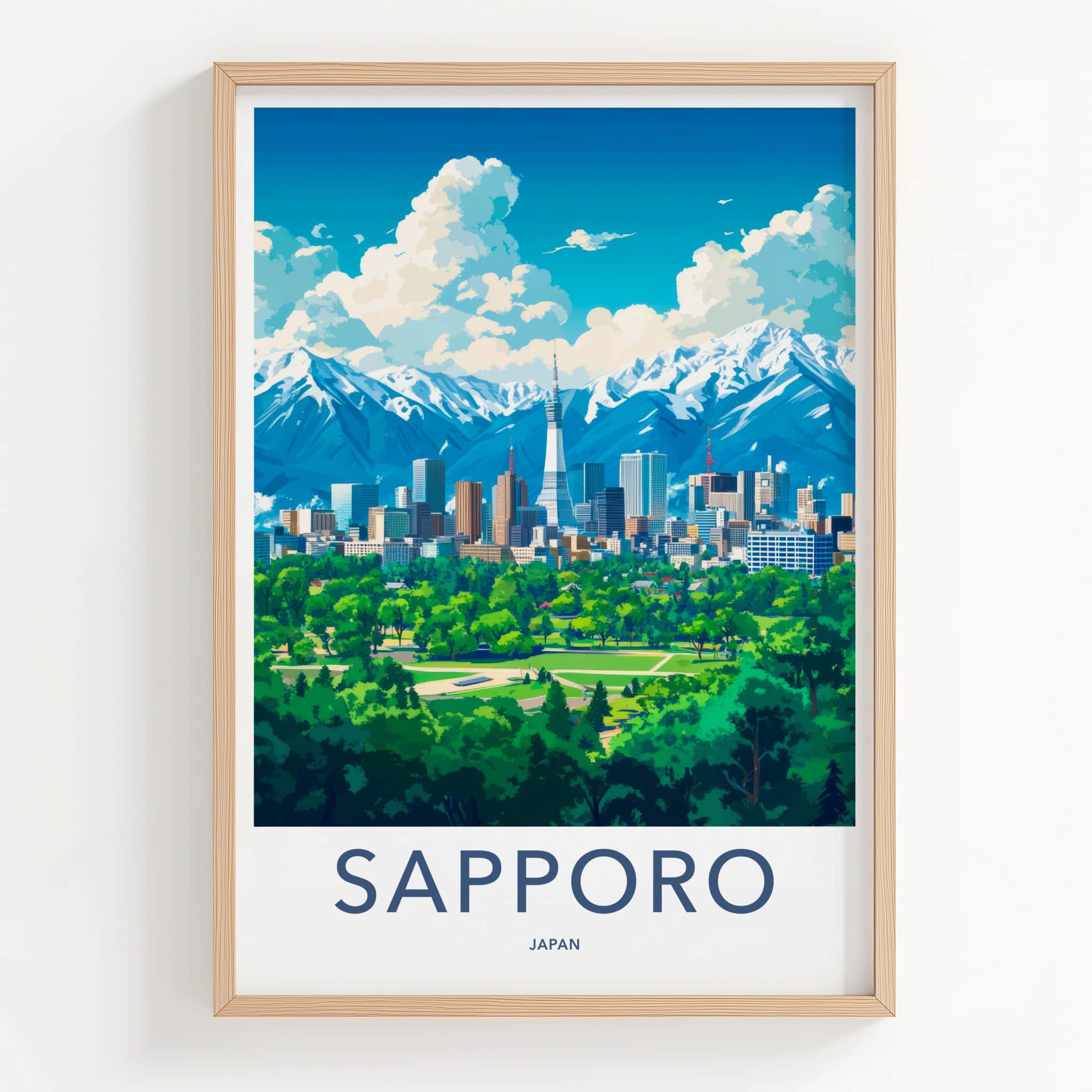 Sapporo Poster - Japan Travel Art - Tower City Mountains Home Decor