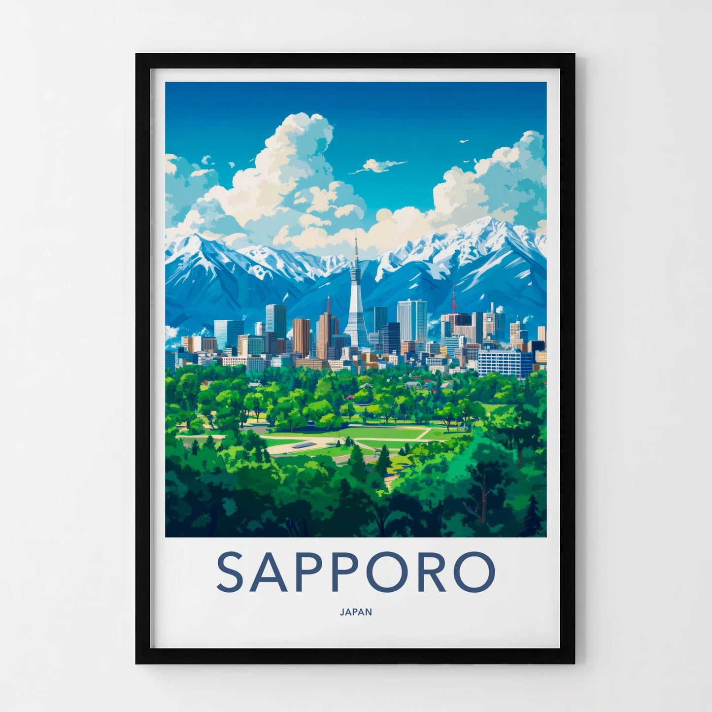 Sapporo Poster - Japan Travel Art - Tower City Mountains Home Decor