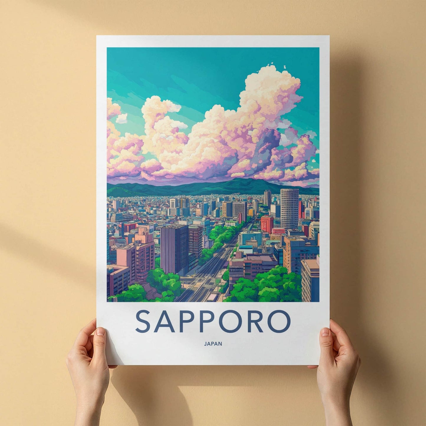 Sapporo Poster - Japan Travel Art - Vibrant Cityscape Clouds Home Decor