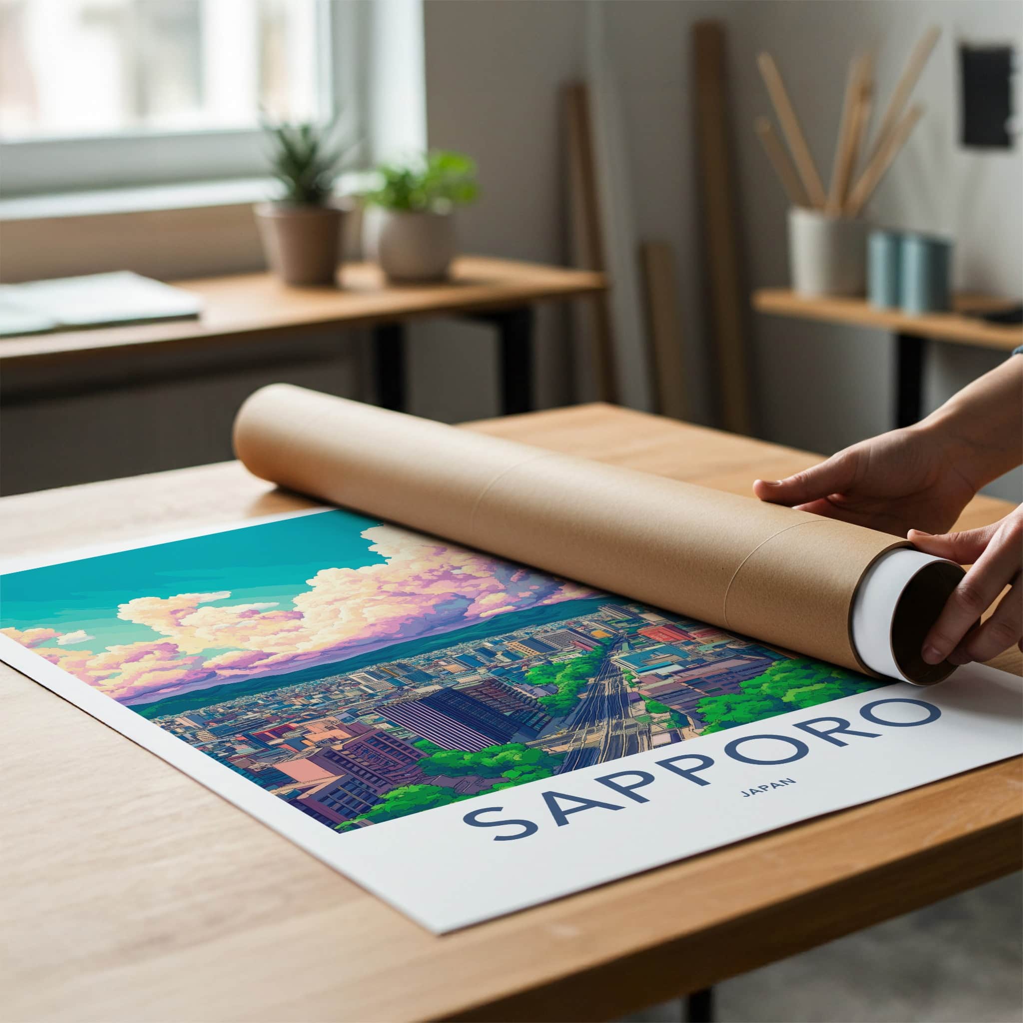 Sapporo Poster - Japan Travel Art - Vibrant Cityscape Clouds Home Decor