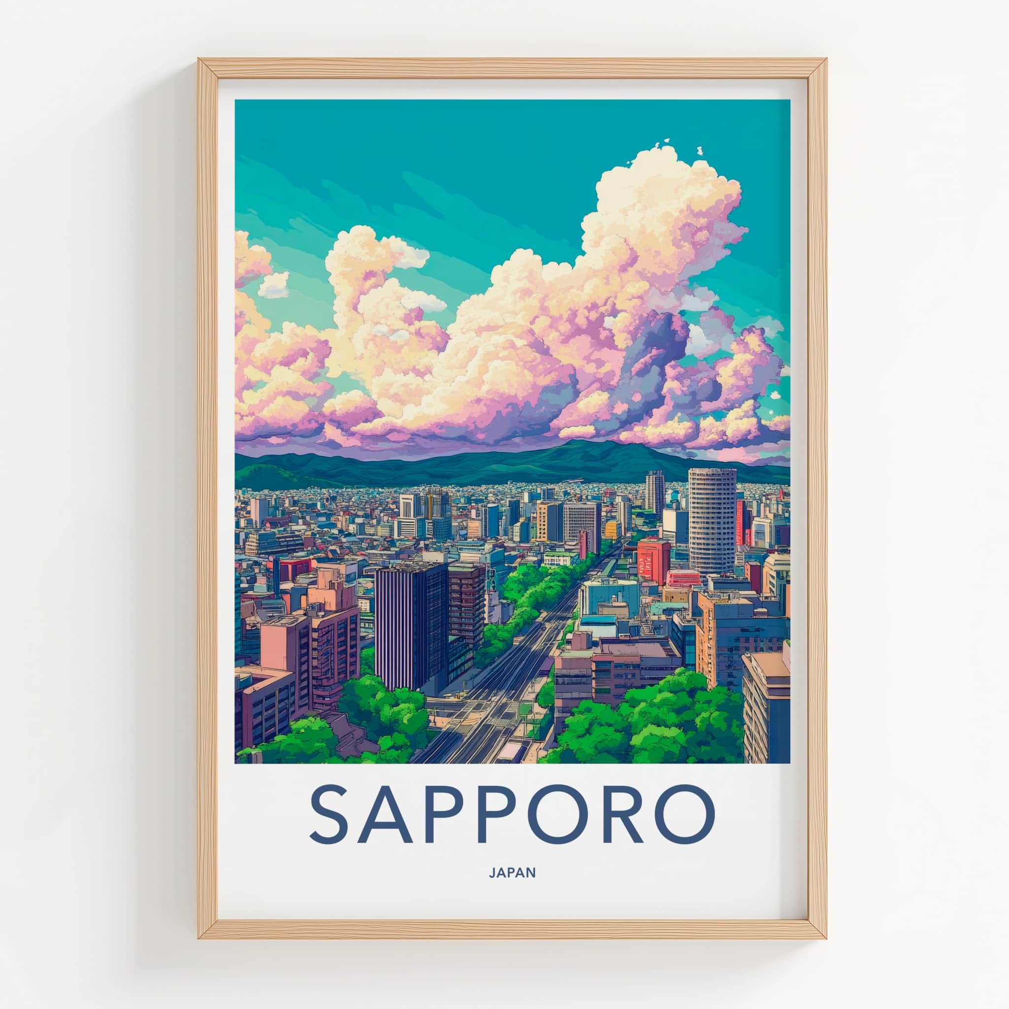 Sapporo Poster - Japan Travel Art - Vibrant Cityscape Clouds Home Decor
