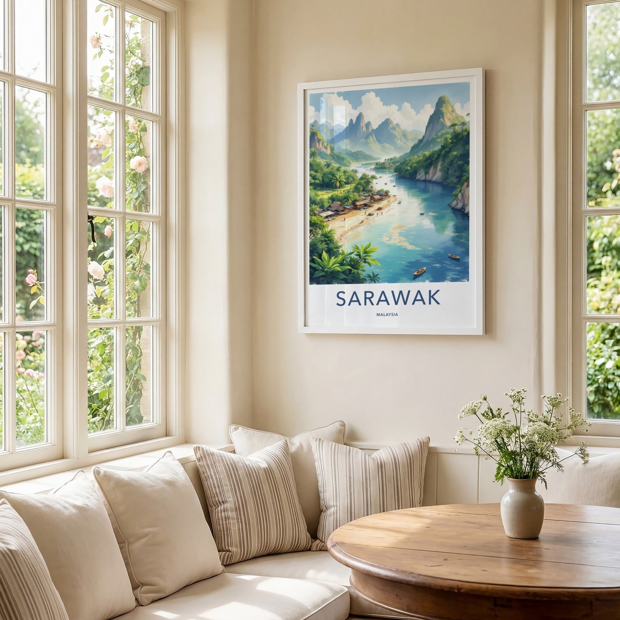 Sarawak Poster - Malaysia Travel Art - Coastal Village Mountains Home Decor