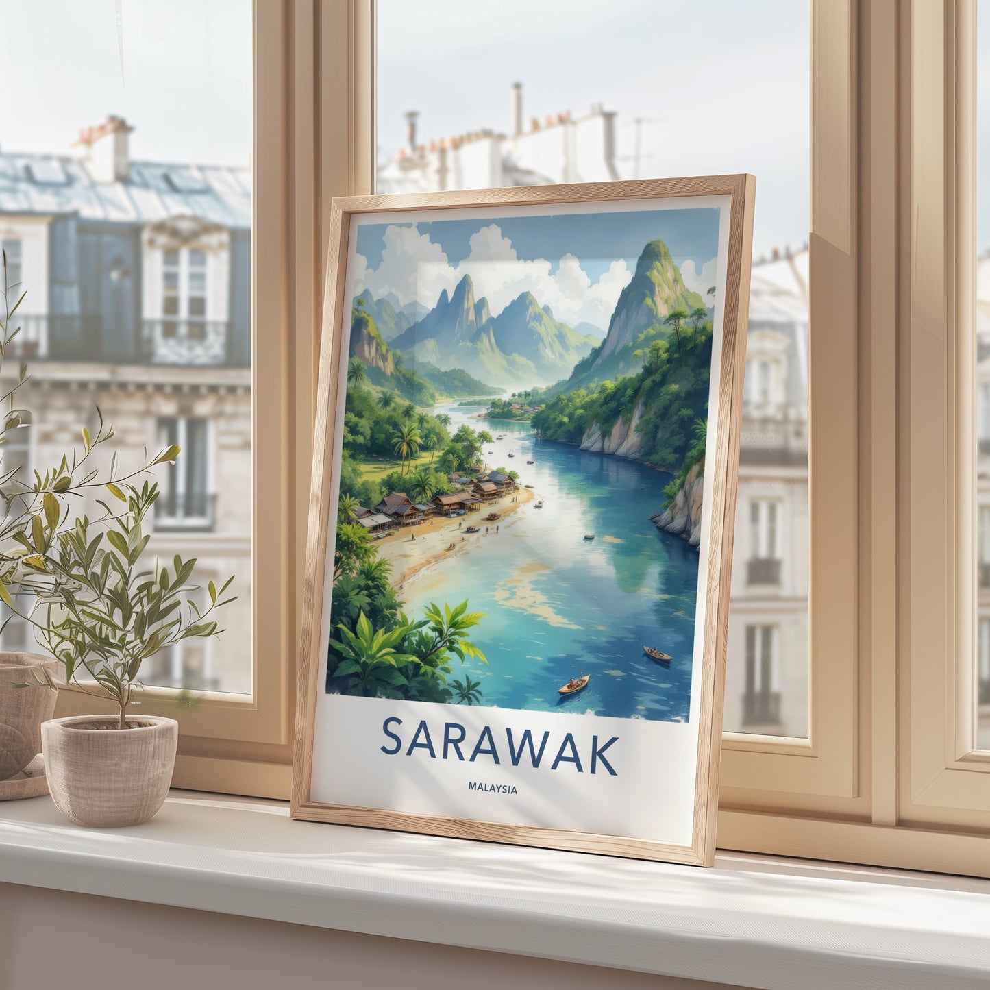 Sarawak Poster - Malaysia Travel Art - Coastal Village Mountains Home Decor