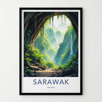 Sarawak Poster - Malaysia Travel Art - Jungle Cave Waterfall Home Decor