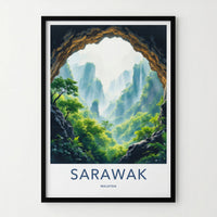 Sarawak Poster - Malaysia Travel Art - Misty Mountain Waterfalls Home Decor