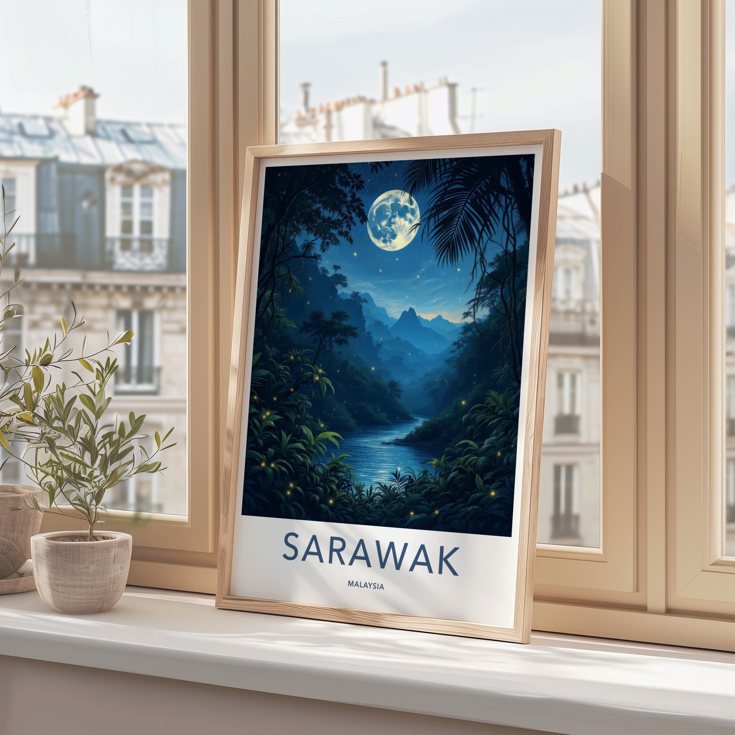 Sarawak Poster - Malaysia Travel Art - Moonlit Jungle River Home Decor
