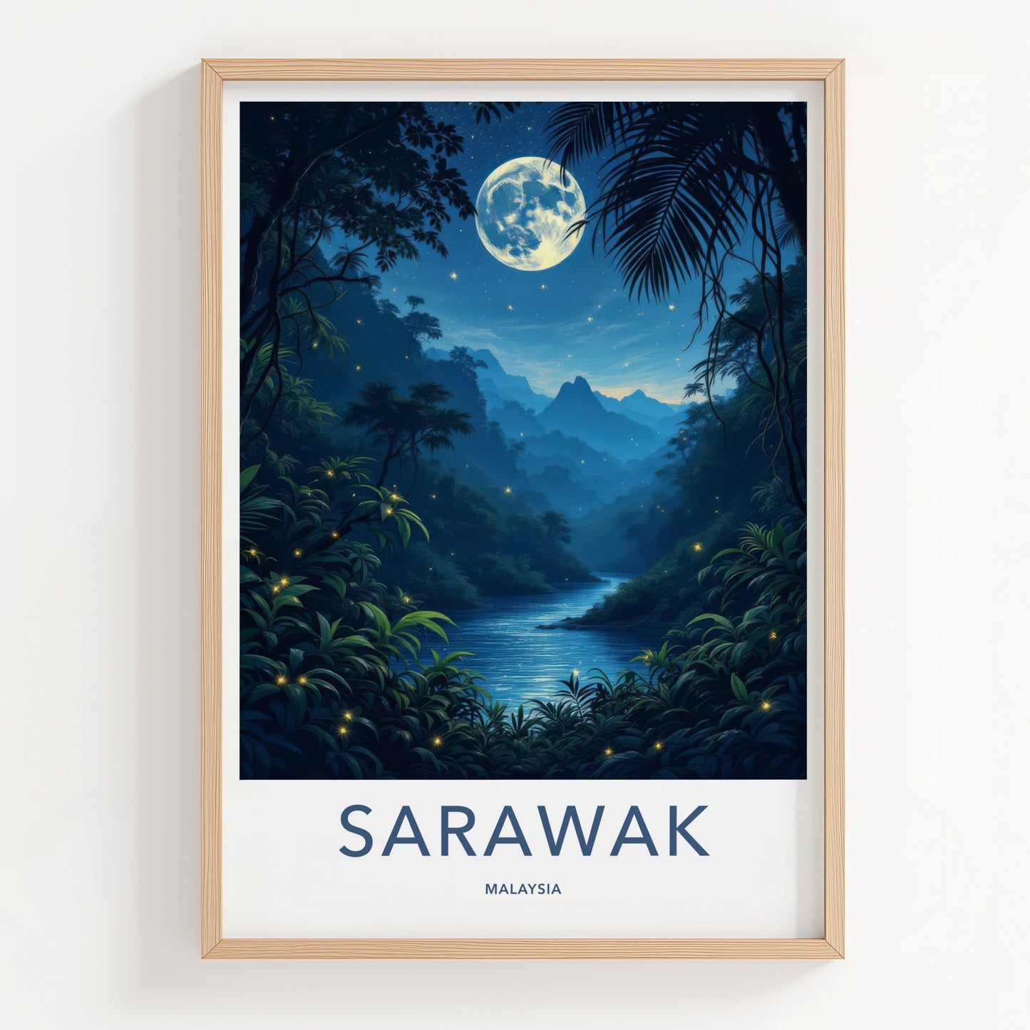 Sarawak Poster - Malaysia Travel Art - Moonlit Jungle River Home Decor